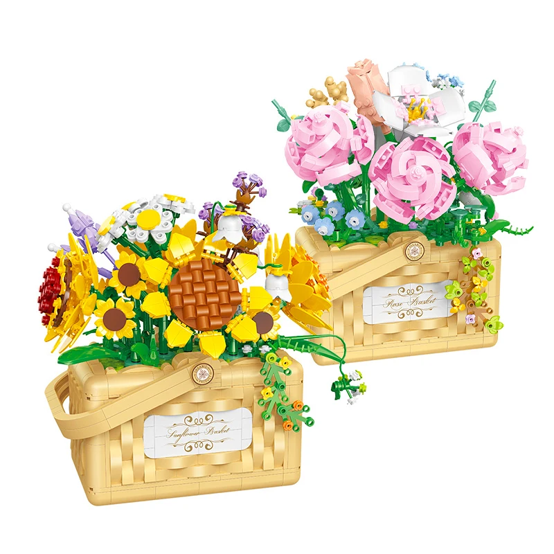 

MOC Potted Flower Basket Building Blocks Mini Flower Bouquet Rose Sunflower with LED Light Home Decor Assembled Bricks Set Toys