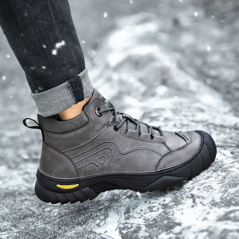SALUDAS Winter Shoes Men's Luxury Genuine Leather Boots Outdoor Waterproof Fur Warm Ankle Boots Non-slip Hiking Sneakers Male