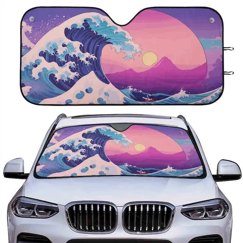 

Kanagawa Wave Car Auto Sunshade Japanese Sun Art Foldable Windshield Shade JDM Inspired JDM Car Accessories Pink
