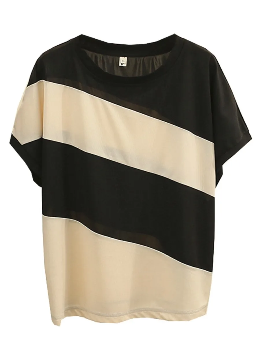 

Plus Size T-Shirt For Women Polyester 2022 Summer Batwing Sleeve Contrast Color Splice Tops