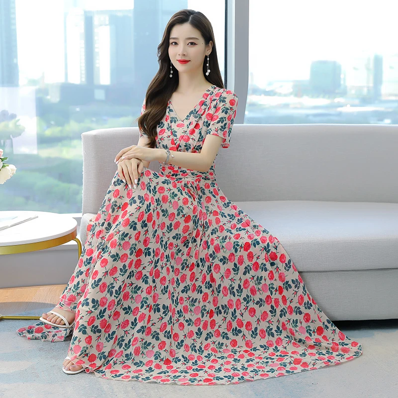 

2022 Chiffon Print Boho Beach Maxi Dress Summer Casual Sexy V-neck Short Sleeve Dress Women Elegant Bodycon Nigth Party Vestidos