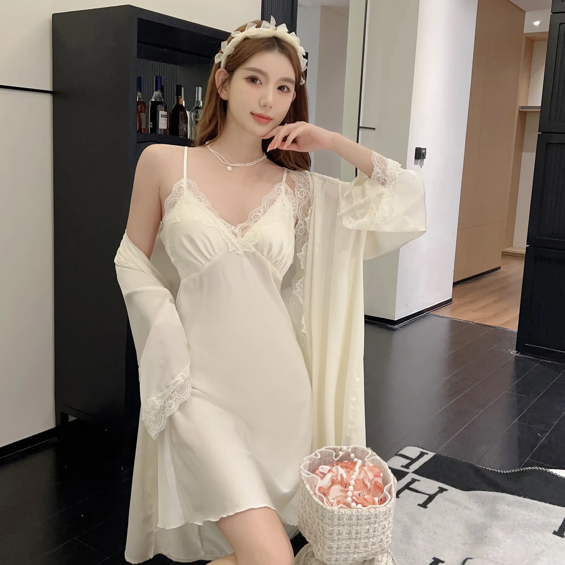 

New Nighty&Robe Set Sexy Women Satin Bathrobe Gown Suit Sleepwear Summer Kimono Nightgown Casual Lace Home Dress Loungewear