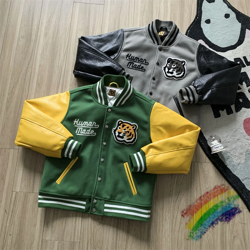 

2022fw Tiger HUMAN MADE Baseball Jackets Men Women 1:1 Top Version Leather Sleeve Embroidery Jacket Coat