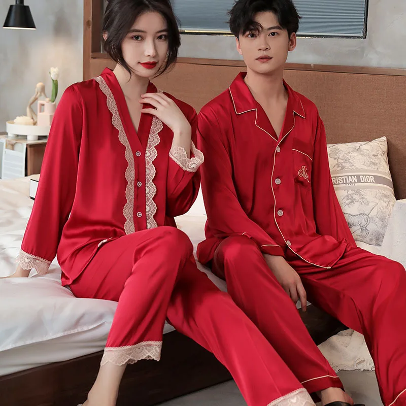 

Sleepwear Couple Burgundy Satin Lace Pajama Sets Button-Down Pijama Long Sleeve Pyjamas Women Men Loungewear