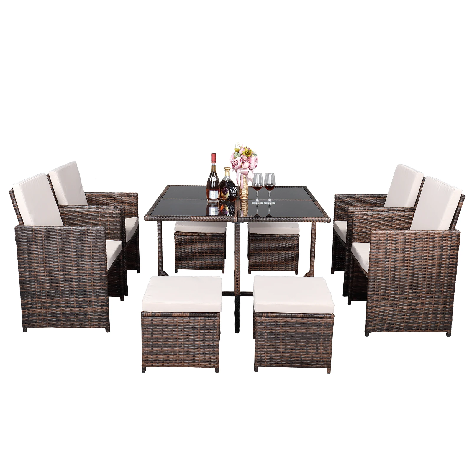 Set Include 4 Single Chair + 4 Stool + 1 Table Pe Rattan Iro