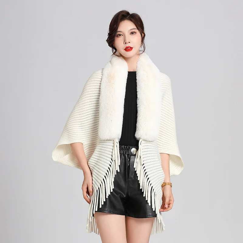 Loose wool-like collar tassel knitted cardigan shawl woman