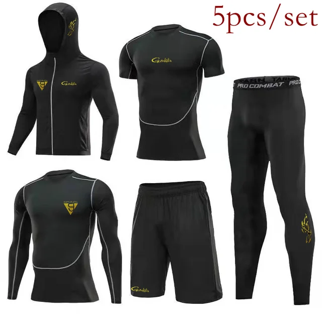 New Gamakatsu Fishing Suit UV-protective Clothing Set T Shirt Shorts Tops Pants Coat 5Pcs/Set Summer Men Sport Fishing Clothes 1