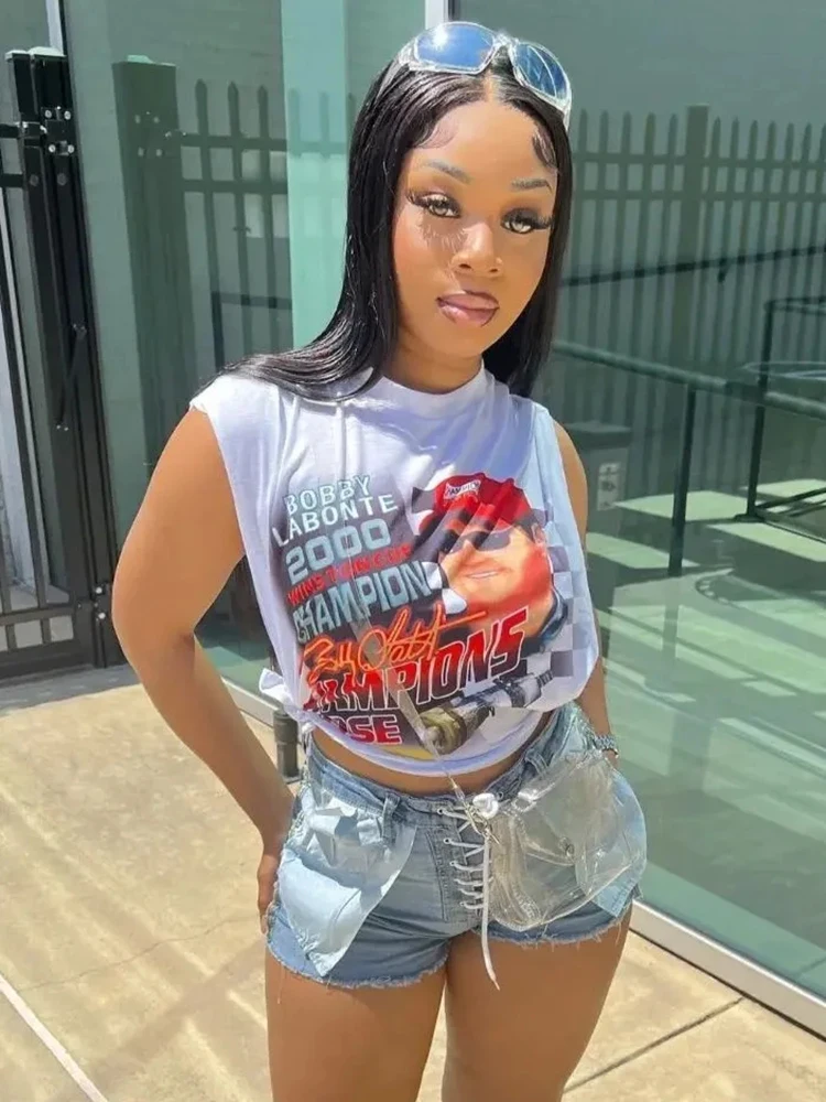 

Женский укороченный топ Sifreyr Y2K с графическим принтом букв, Винтажная футболка без рукавов с круглым вырезом, милый Свободный Топ, летняя пов...