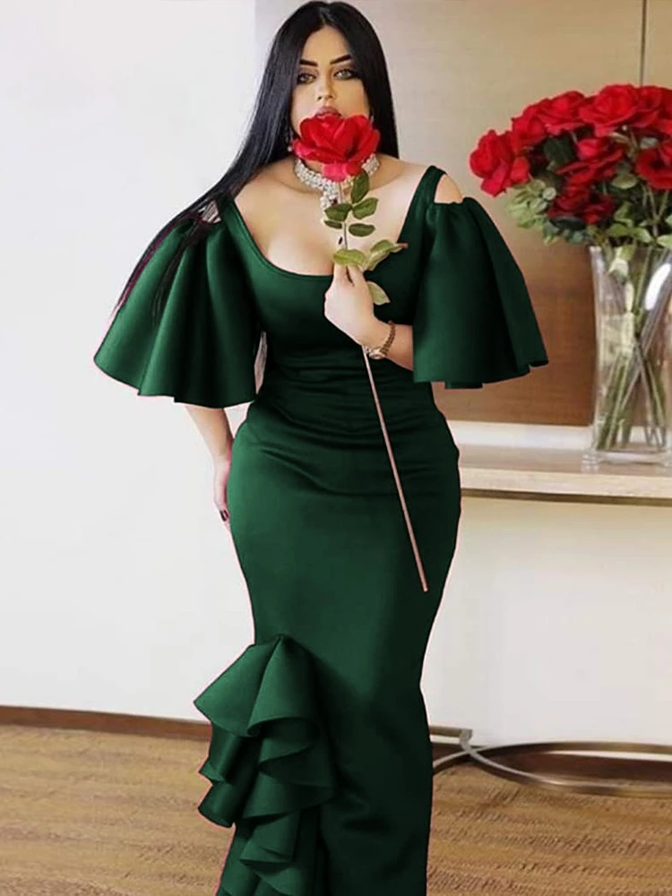 

African Women Green Dresses For Party Formal Elegant Ruffle O-Neck Short Sleeve Peplum Africa Ladies Christmas Wedding Gowns