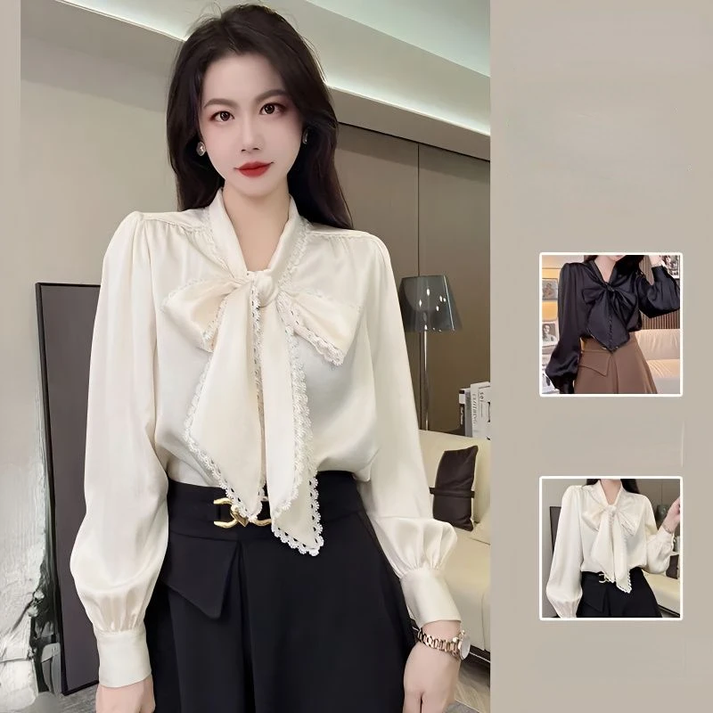 

Women Spring Autumn Style Chiffon Blouses Shirts Lady Casaul Long Sleeve White Black Bow Tie Collar Blusas Female Chic Tops B39