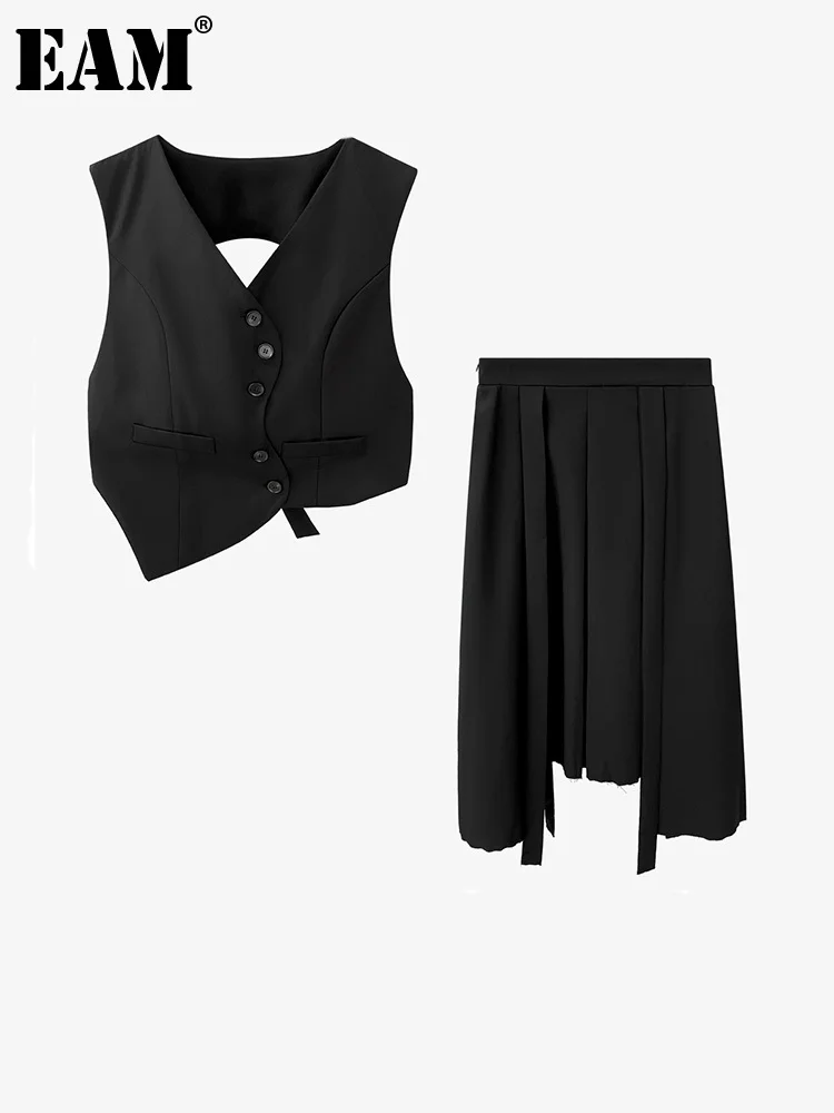 

[EAM] Half-body Skirt Pleated Irregular Two Pieces Suit New V- Neck Sleeveless Women Fashion Tide Spring Summer 2022 1DE9291