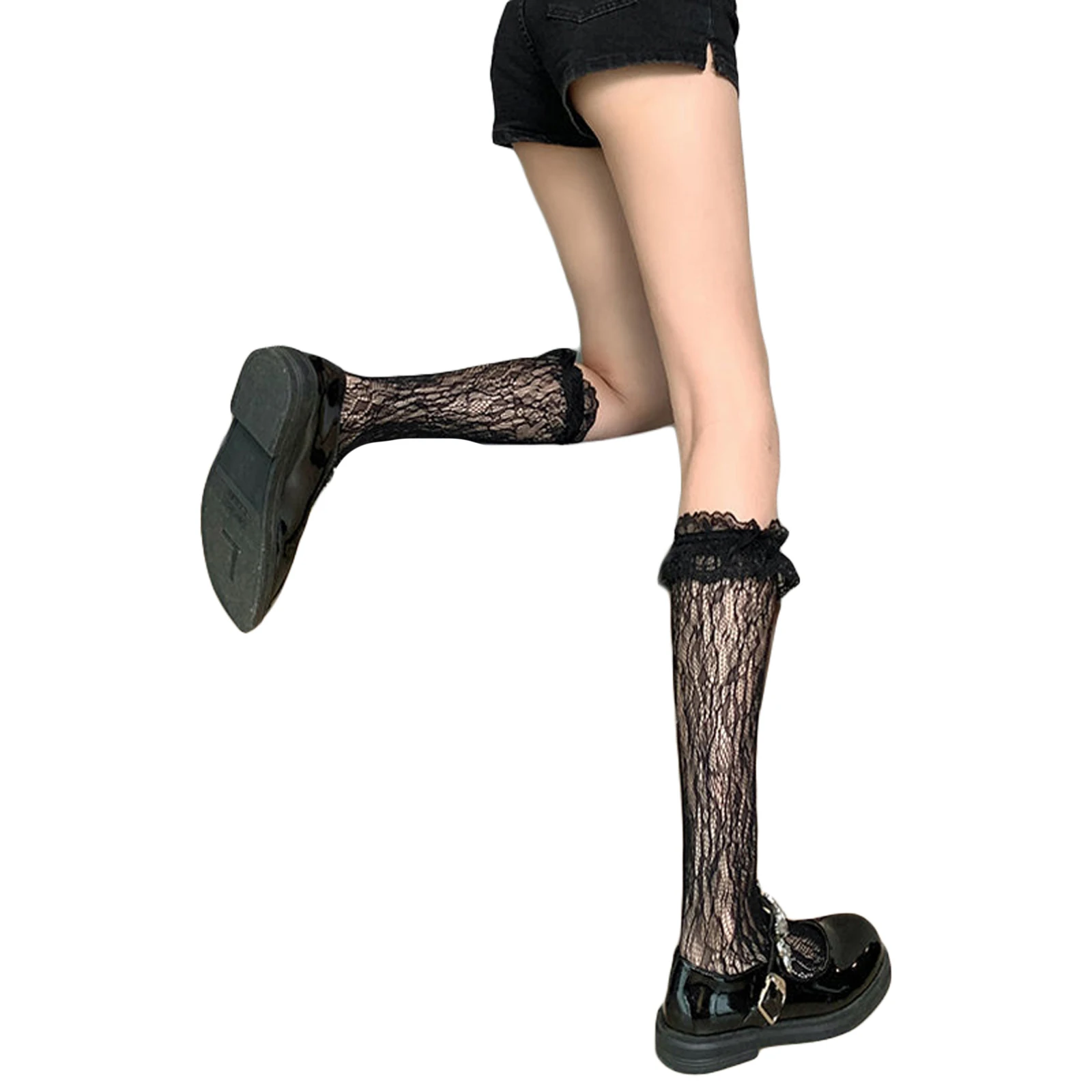 1 пара женские сетчатые прозрачные кружевные носки средней длины |