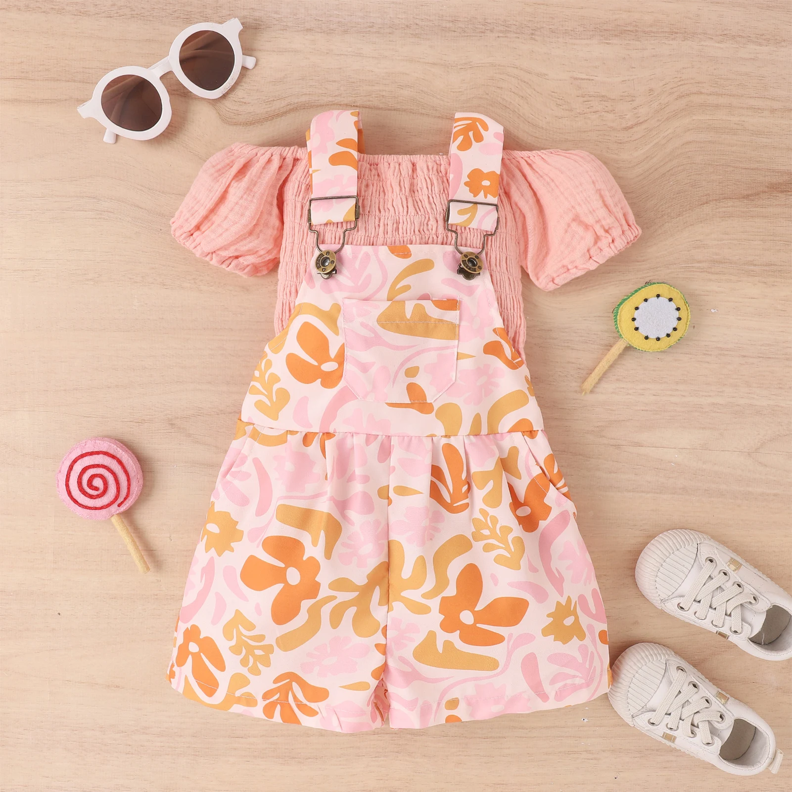 

Baby Girls Puff Sleeve Top Soft Ruffle Short Sleeve Tops Knee Length Overalls T-Shirt Suspender Pocket Shorts Daily Casual Wear