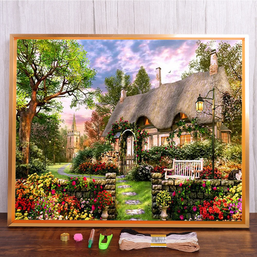 Дом Цветочный пейзаж с принтом 11CT Полный набор для вышивки крестом Нитки DMC