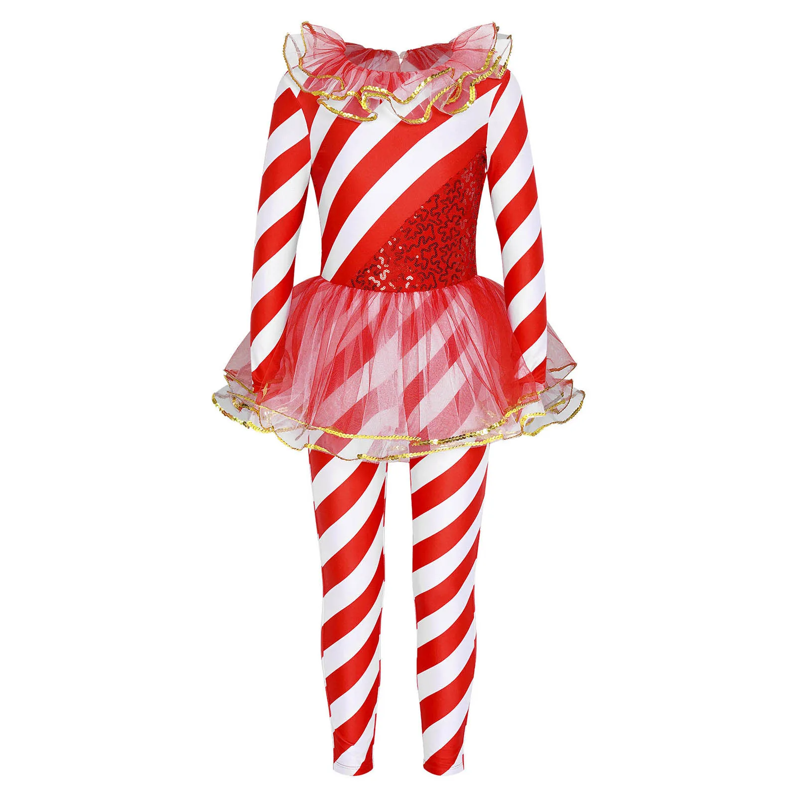 

Kids Girls Christmas Ruffle Pom Pom Trim Bodysuit Long Sleeve Sequin Candy Cane Striped Unitard Costume One Piece Jumpsuit