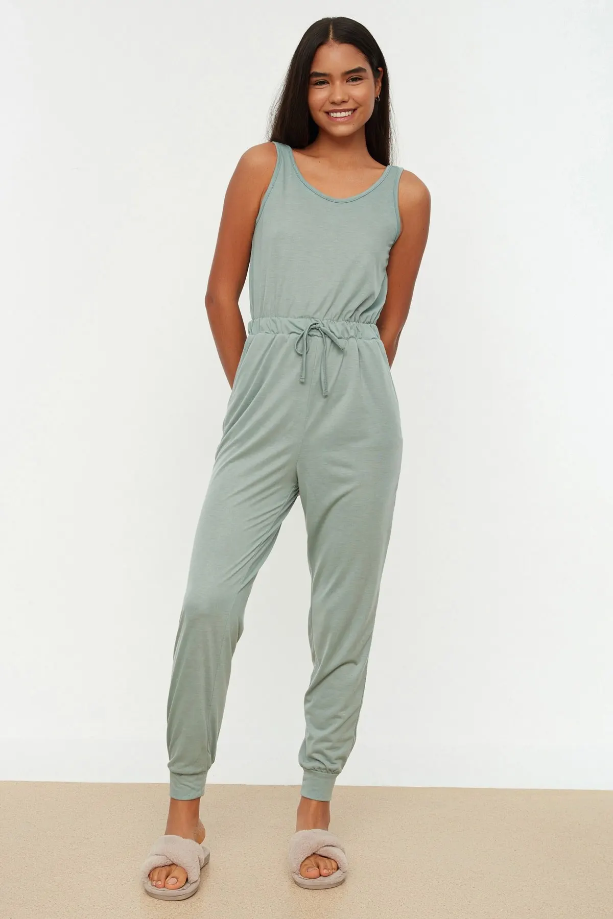 

Women's Overalls Green Elastic Knitted Hot Style Quality Fabric Sleeveless Baggy Trousers Casual Jumpsuit