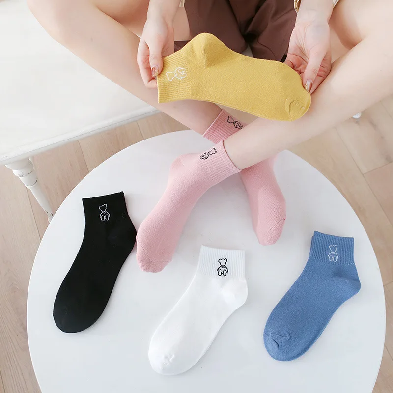 

Cartoon Bear Women Socks Solid Cotton Ribbed Sock Woman Comfortable Girls Sox Spring Summer Casual Soft Japanese Sweet Socken