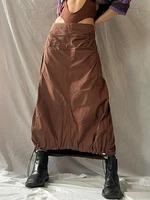 weiyao vintage khaki low waist long cargo skirts womens drawstring hem a line skirt y2k aesthetic casual streetwear bottoms