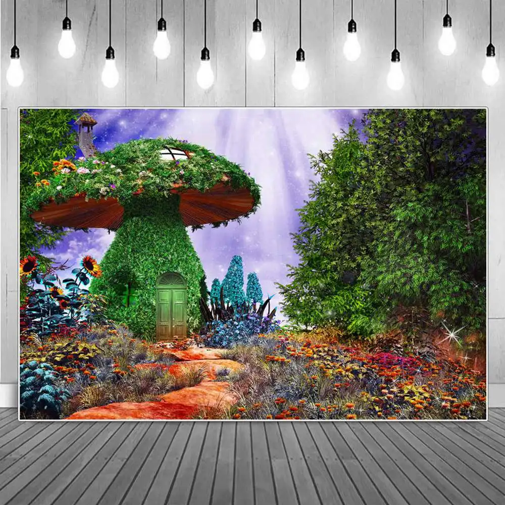 

Girls Fairyland Grasses Mushroom Huts Birthday Party Photography Backdrops Sign Forest Cabins Decoration Photographic Background