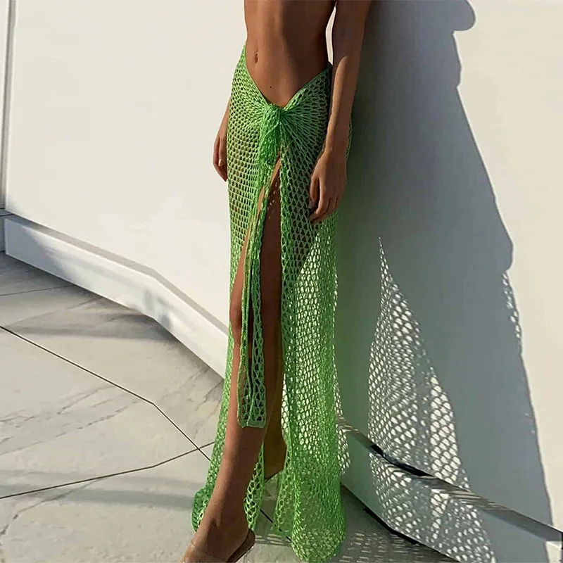 

Summer Beach Holiday Tie The Knot Sexy Fishnet Maxi Skirts for Women Hollow Out See Through Net Sarong Cover up for Swimwear