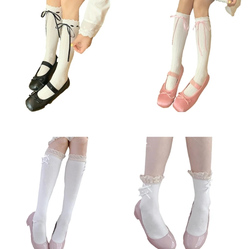 

1 Pair Ruffle Calf Socks Calf Tube Frilly Socks Ballet Socks for Girl with Bows Lace Top Sock Princess Style Dress Drop Shipping