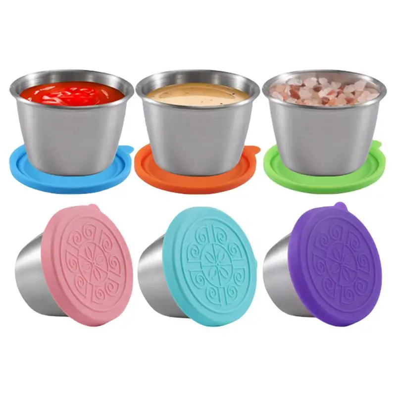 

Travel Sauce Containers 6 pieces stainless steel sealed dipping cups portable Mini Condiment Cups with Lids for Berries Oils