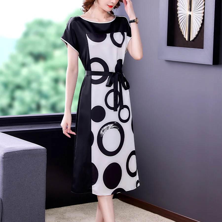 

Summer Black Patchwork Dot Mulberry Silk Satin Midi Dress Women Elegant Bodycon Casual Dress 2022 Korean Vintage Party Vestidos