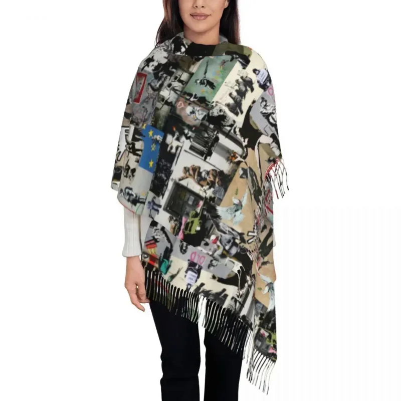 

Banksy Collage Scarf Women Winter Warm Shawl Wrap Long Large Scarves With Tassel For Daily Wear