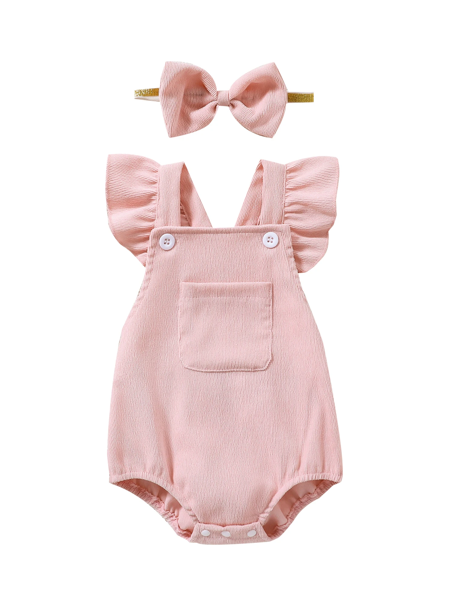 

0-18 Months Baby Girl Clothes Infant Ruffle Flying Sleeve Corduroy Romper Bodysuit Overalls Outfits Headband