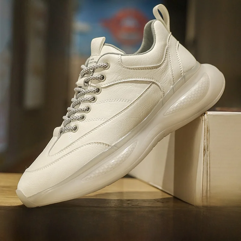 Men's Shoes Winter New Sneaker Full-grain Leather Casual Black Thick Bottom Trendy Fleece-lined Warm Daddy