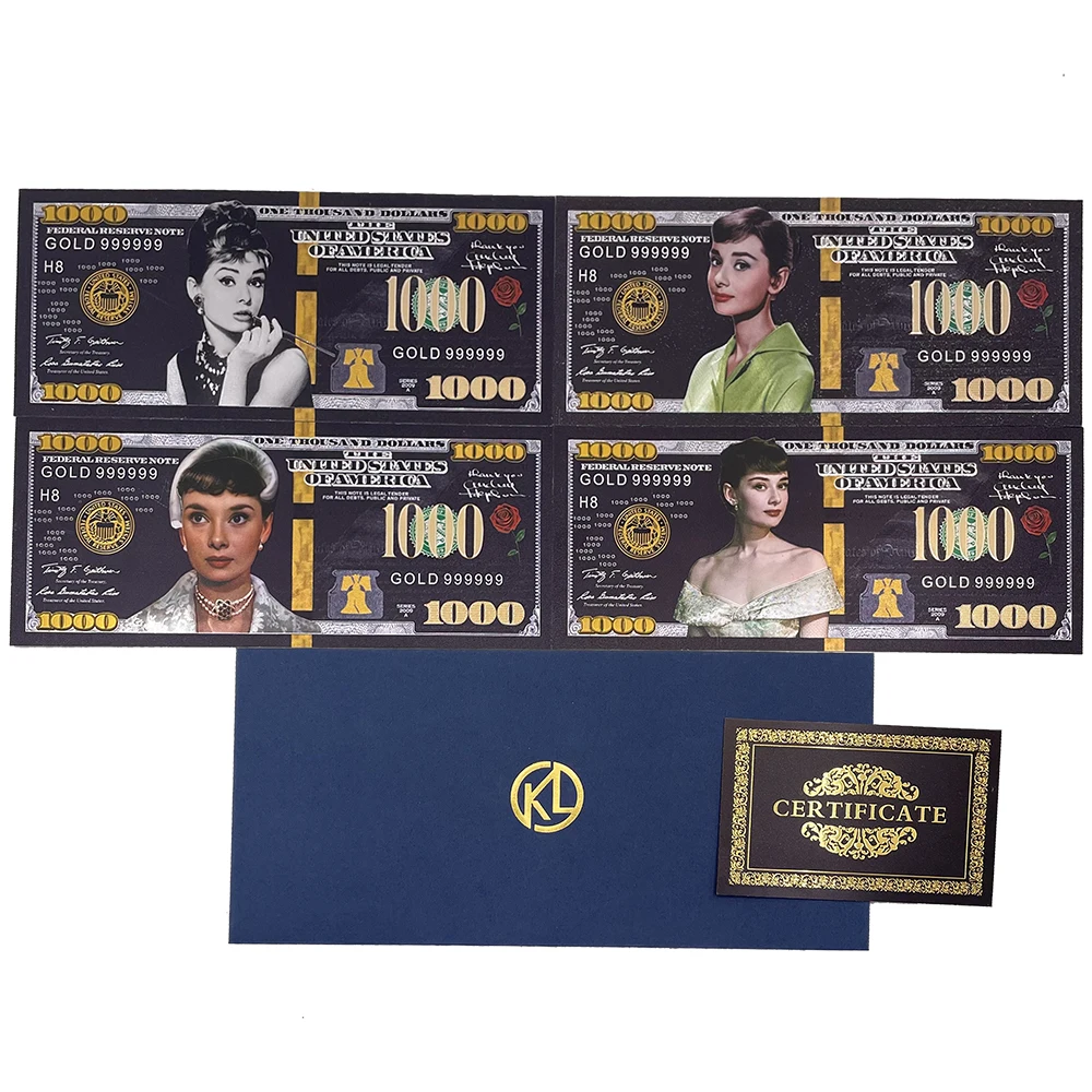 

10pcs/set Classical celebrity Audrey Hepburn black gold plastic banknote Super movie star Sex Hepburn golden tickets cards decor