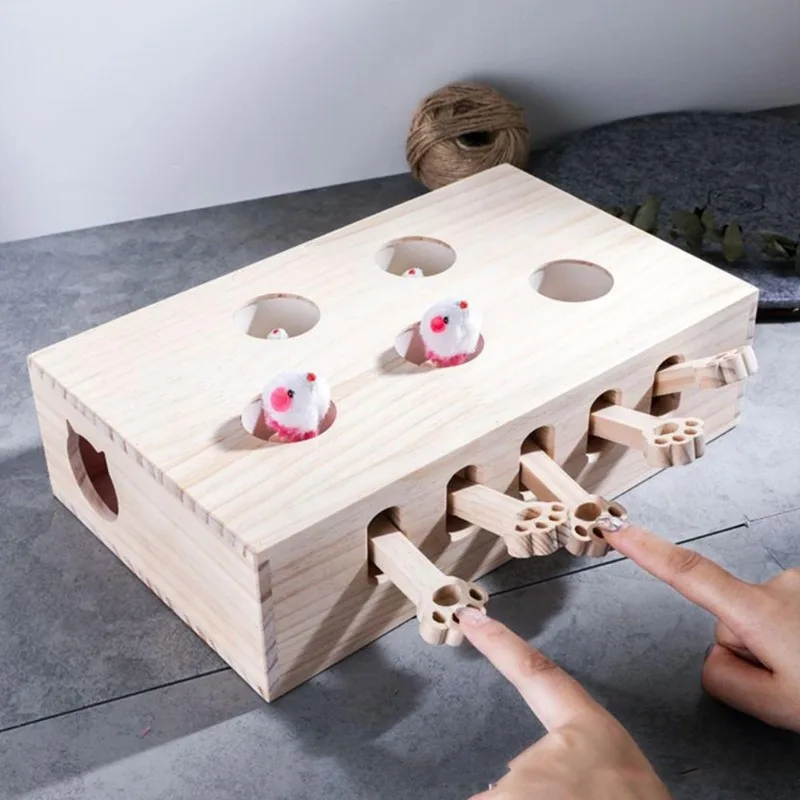 

Cat Toy Chase Mouse Solid Wooden Interactive Maze Pet Hit Hamster With Three Five Holes Mouse Hole Catch Bite Catnip Funny Toy