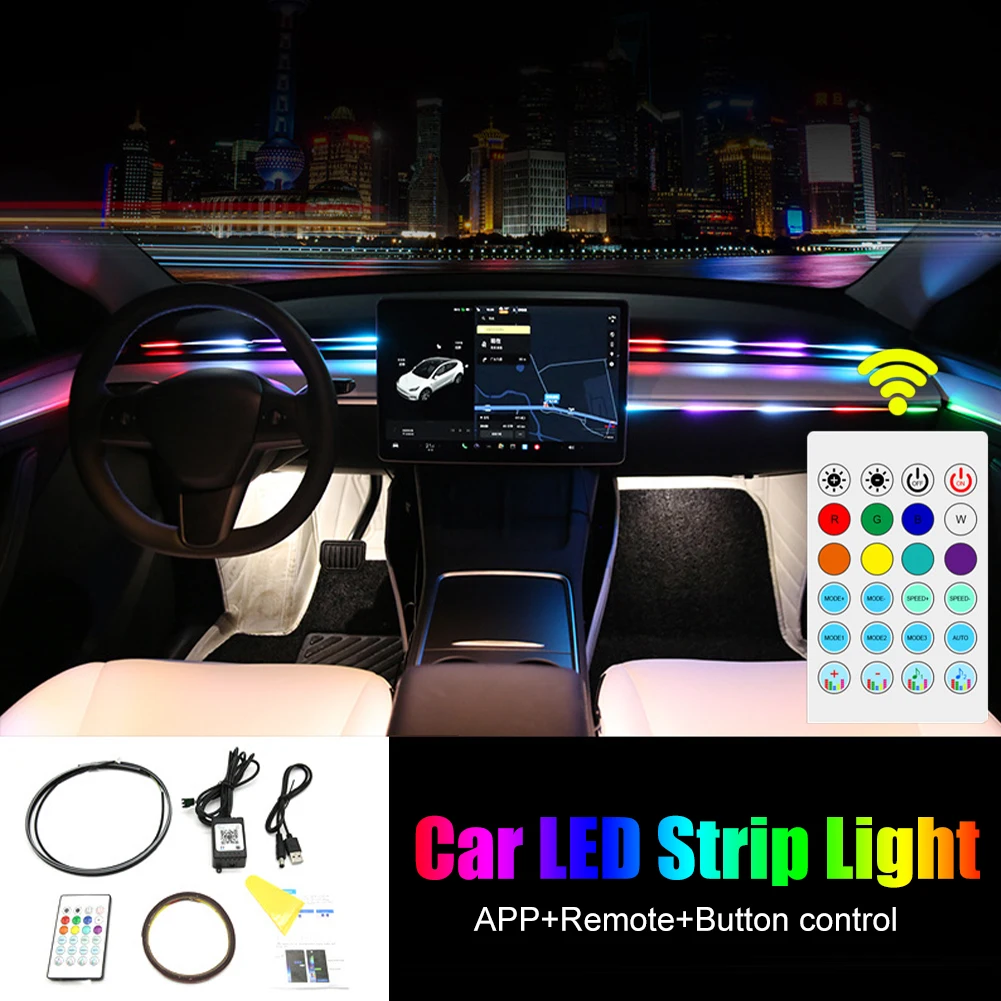 

Автомобильный интерьер, Φ 64 цветов, оптическая автомобильная лампа, Неоновая Гибкая атмосферная полоса, APP, дистанционное управление, музыка, синхронизация, трос
