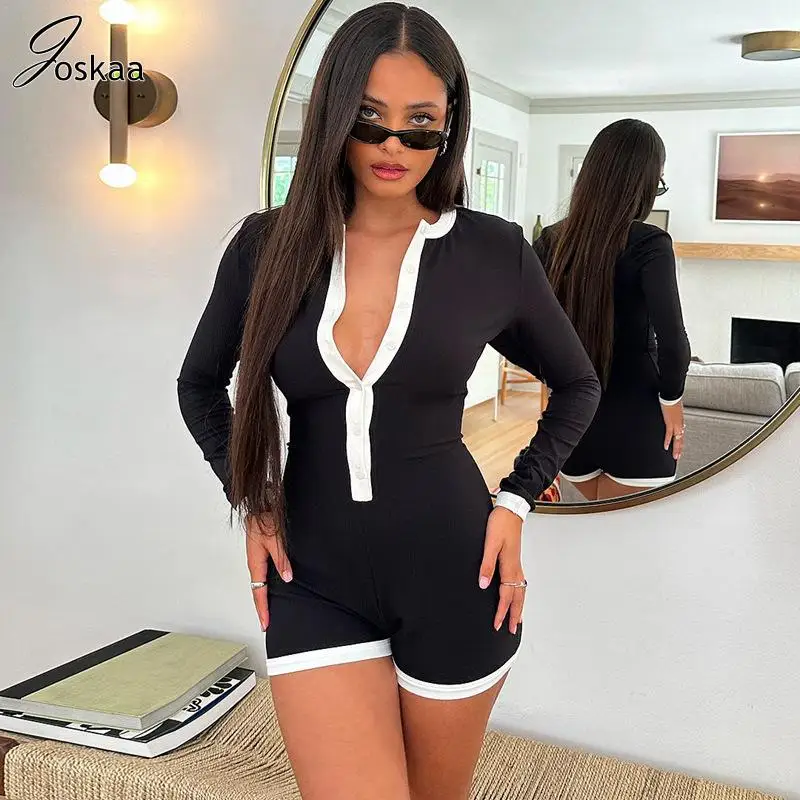 

Joskaa Knitted Ribebd Contrast Long Sleeve Button Up Slim Playsuits Women Autumn 2023 Fashion Streetwear On Piece Romper Overall