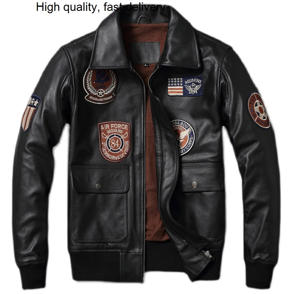 

5XL Cowhide Oversized Mens Jacket Locomotive Design Flight Man's Bomber Coat Patch Embroidery Genuine Leather Overcoat Air Force