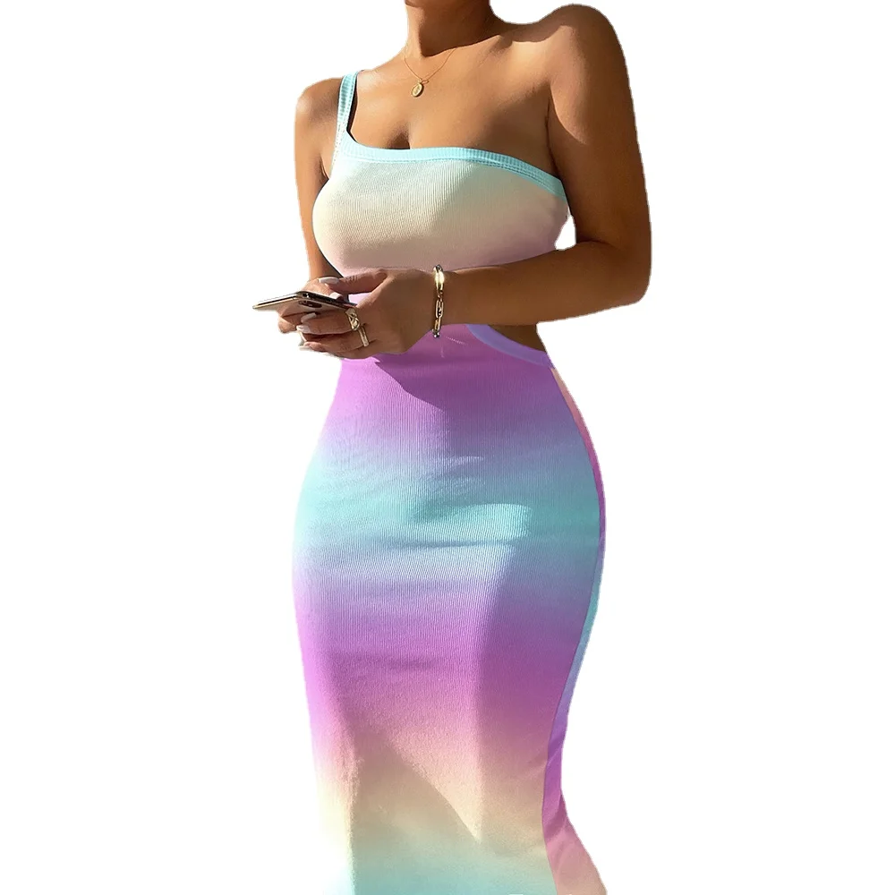 

Женское облегающее платье средней длины, привлекательное асимметричное платье в рубчик с одним открытым плечом и вырезом, лето 2022