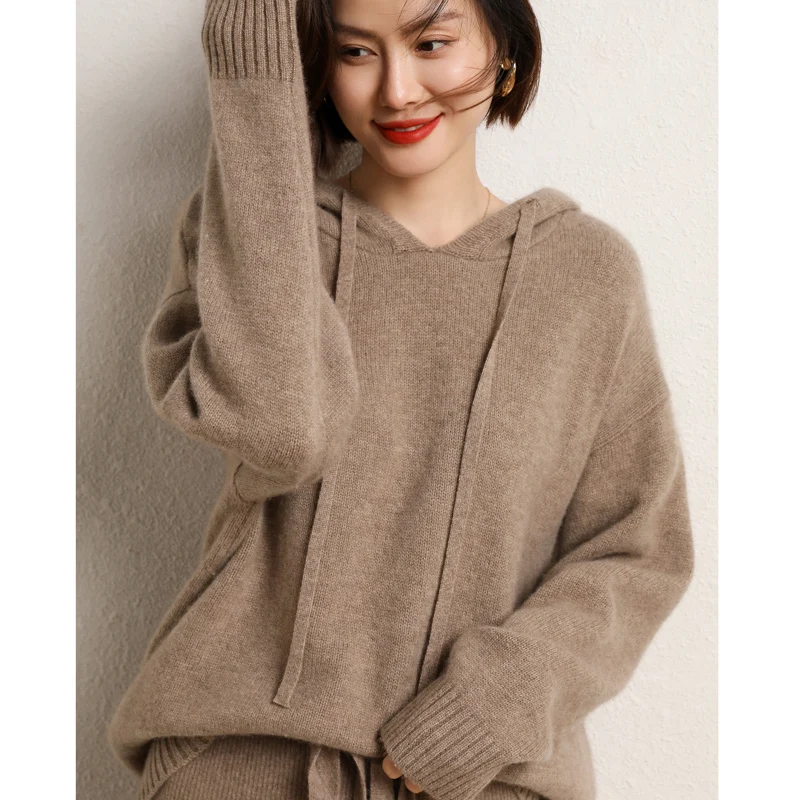 Cashmere sweater pullover new ladies 100% wool hooded sweater casual solid color knitted long-sleeved plus size Autumn and winte