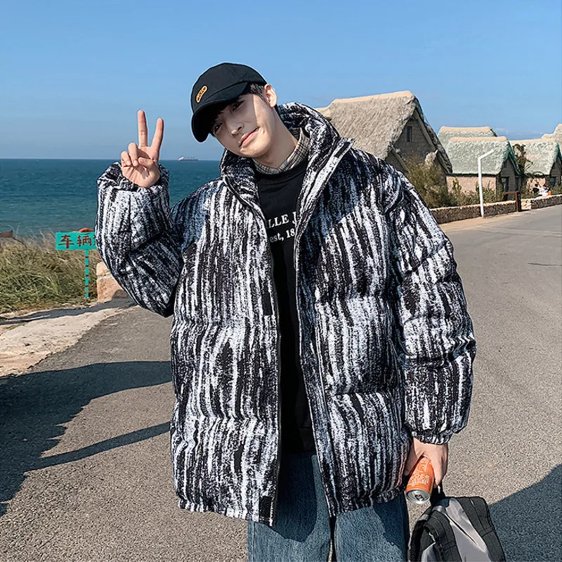 Winter Jacket Men Warm Fashion Retro Striped Thickening Jacket Men Streetwear Loose Short Coat Mens Parker Large Size M-5XL