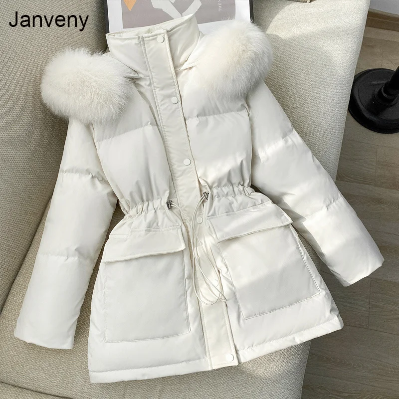 

Janveny Winter Jacket Women Large Natural Fox Fur Hooded 90% Duck Down Coat Female Parkas Sash Tie Up Zipper Feather Outerwear