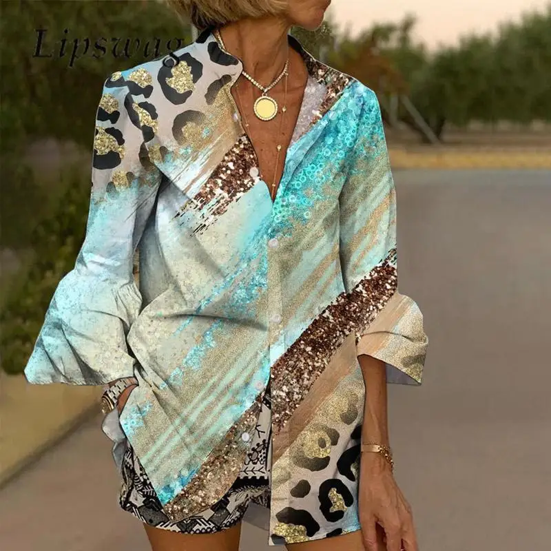 

Spring Summer Lapel Collar Flare Long Sleeve Shirt Bohemia Vintage Pattern Print Blouse Casual Female Loose Cardigan Tops Blouse