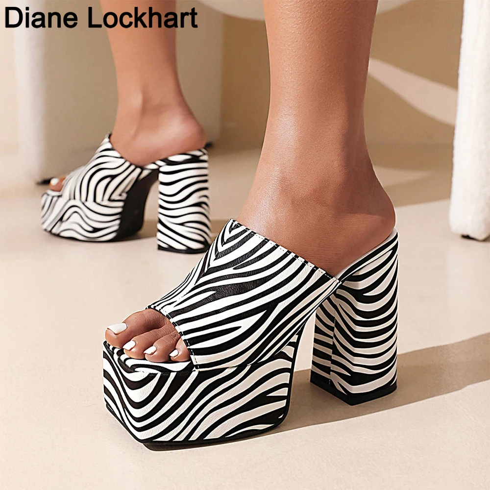 

Ladies Zebra Print Slippers Women Sexy High Heel Shoes Summer Clogs Snake Peep Toe Platform Mules Woman Slides Mujer Sandalias