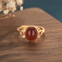 creative design chinese style ancient method gold red wine inlaid oval natural chalcedony all match women open adjustable rings