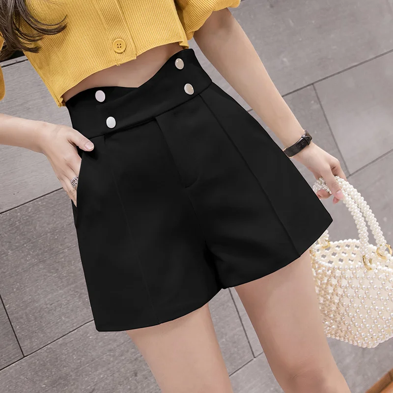 Summer Women Wide Leg Loose Elegant Solid Shorts Korean High Waist Criss-Cross Double Breasted Harajuku Casual Shorts Female OL