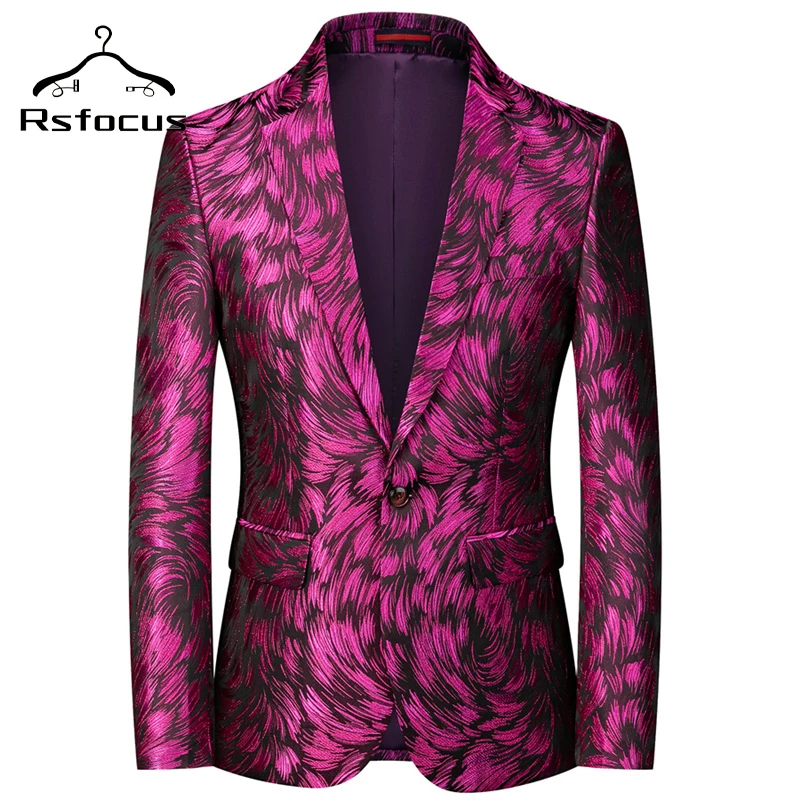 Rsfocus Slim Fit Men Purple Blazer Jacket Luxury Printed Chaquetas Hombre Casual Mens Stage Costume Prom Party Stage Wear XZ055