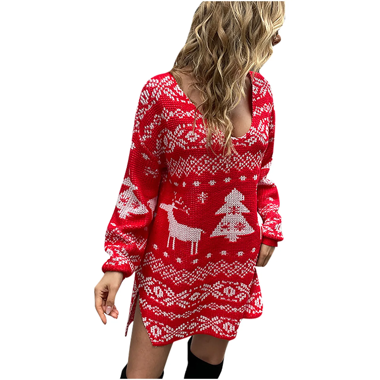 

ISHOWTIENDA Fashion Autumn Dresses Long Sleeve Casual Irregular Slit Sweater V-neck Elk Sexy Dress