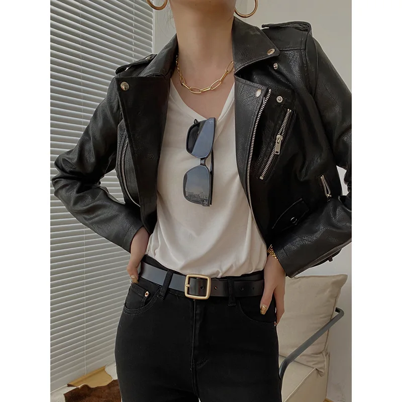 

2021 New Spring Women Pu Leather Motorcycle Jacket Female With Belt handsome Solid Color Jackets Ladys Casual Jacket