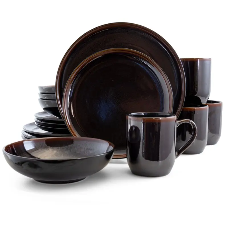 

Красивая круглая пляжная посуда из металлической черной глины, набор посуды из 16 предметов для любого повода