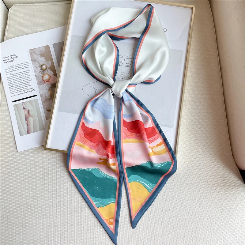 

2021 Print Silk Scarf for Women Hair Bands Skinny Ribbon Scrunchies Fashion Striped Female Headband Neck Tie Bandana Accessories