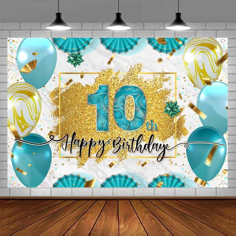 

Teal Gold Happy 10th Birthday Photography Backdrop Banner 10 Years Old Bday Background For Girls Boys Party Decor Supplies