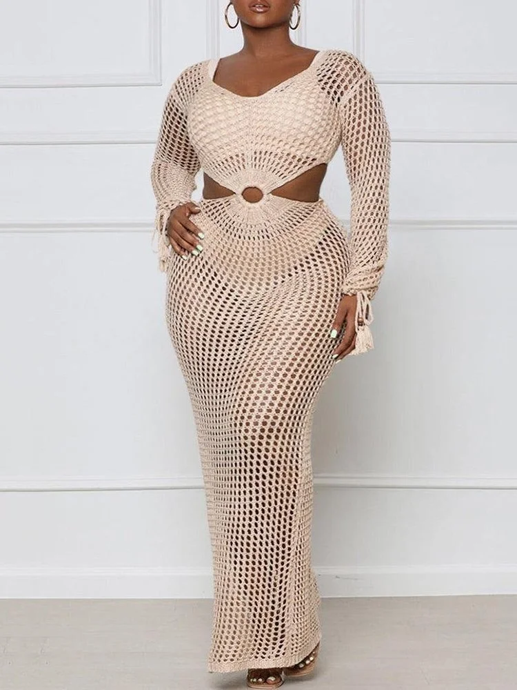

Round-Neck Long Sleeves Belly-Hollow Crochet Solid Color Maxi Dresses